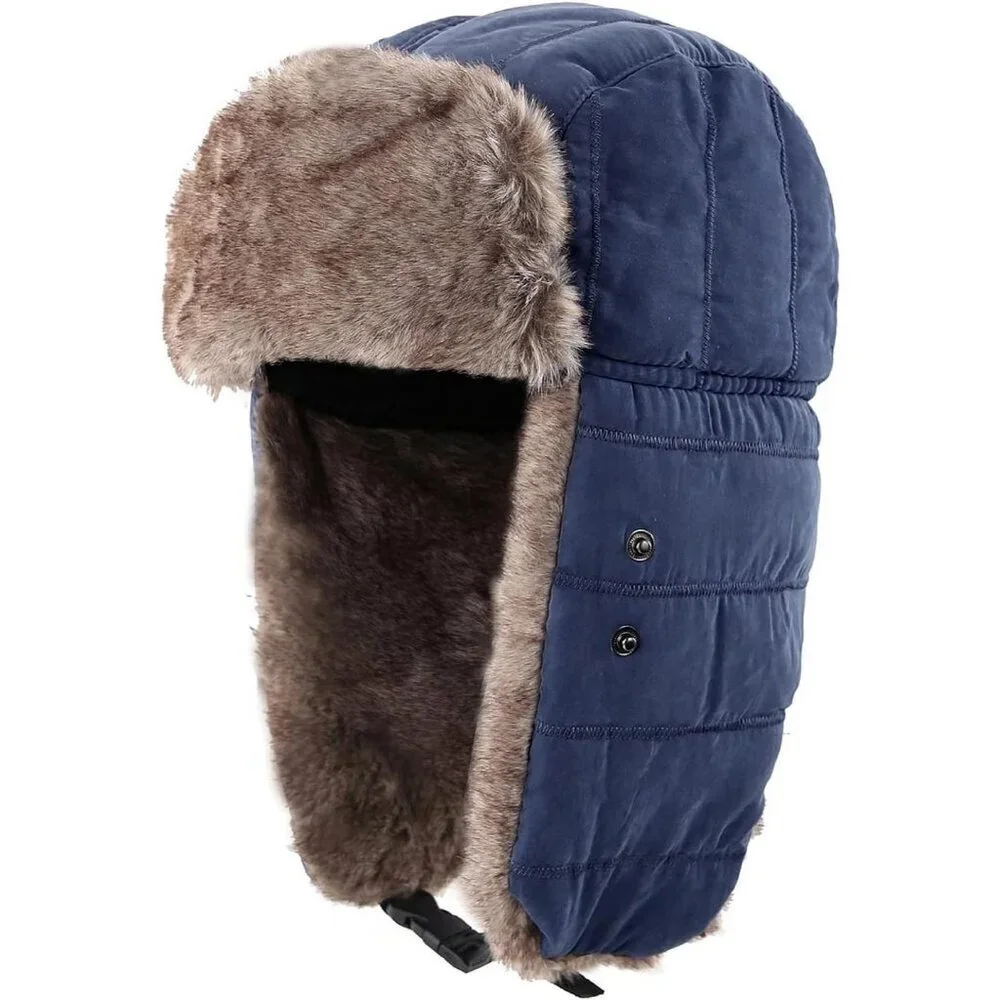 Men's Navy Blue Trooper Trapper Hat Warm Winter Hunting Cap w/ Removable Mask
